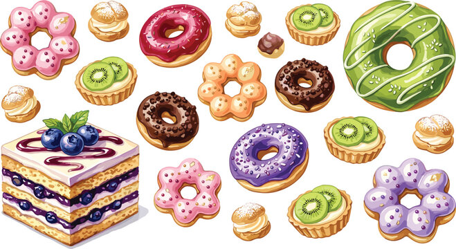 Watercolor Sweet Dessert Vector Collection Featuring Glazed Donuts, Pon De Ring Doughnuts, Blueberry Layered Cake, Kiwi Tarts, and Profiteroles Isolated on White Background