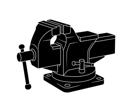 A black silhouette illustration of a heavy duty metal bench vise tool