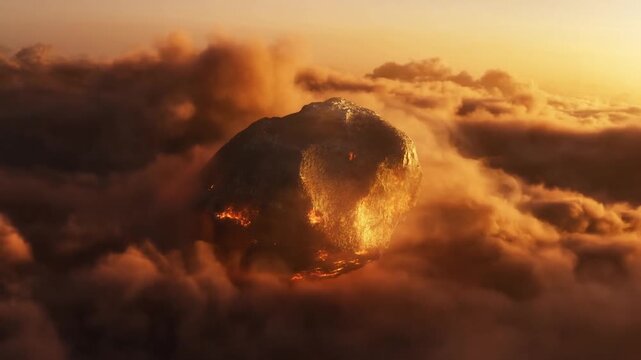 Glowing cracked rock amid smoke and clouds in a warm atmospheric sky