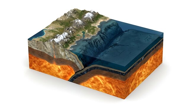 Geological diagram showing tectonic plate subduction process isolated on white background