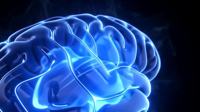 Glowing Red Human Brain in Dark Space with Illuminated Cerebral Folds and Neural Anatomy