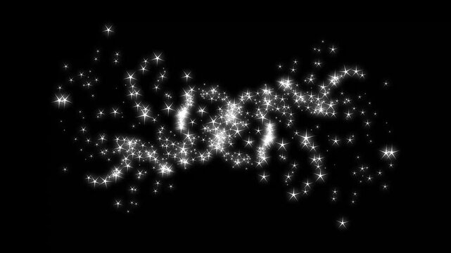 Magical star sparkle line with glitter explosion effects, white twinkling particles, fairy dust trails, glowing doodle stars, luminous starlight paths on black screen background, seamless 4K.