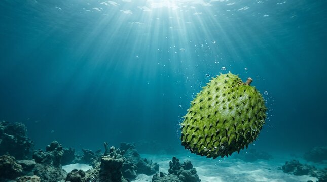 Fresh green soursop fruit floating underwater with light rays and bubbles