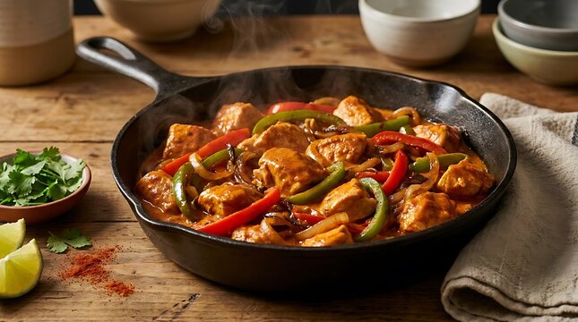 Delicious stir fry beef with colorful vegetables cooked in a black cast iron skillet on a wooden table. Chipotle chicken recipe