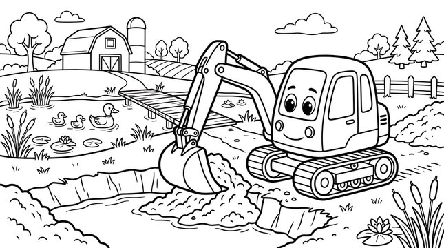 Cute excavator digging a pond near a farmhouse with ducks swimming in the water and a wooden bridge under a sunny sky coloring page for kids