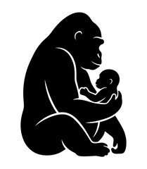 Black silhouette of a gorilla holding her baby isolated on white background