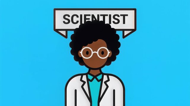 Minimalist cartoon animation of a professional female scientist wearing a lab coat and glasses