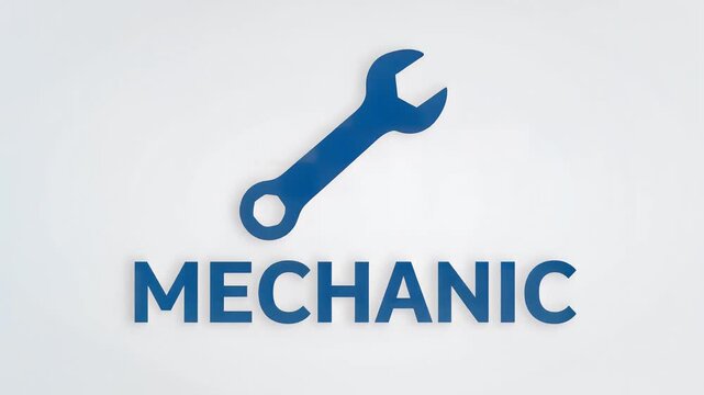 Minimalist blue wrench icon with mechanic text on white background