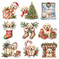 Obraz premium Cute golden retriever dog celebrating christmas with presents and decorations