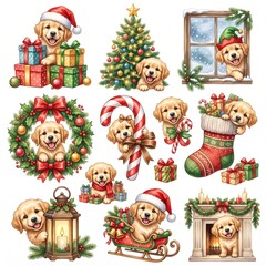 Fototapeta premium Cute golden retriever dogs celebrating christmas with presents and decorations