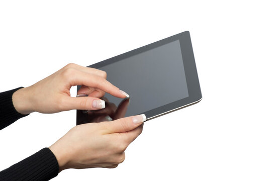  tablet computer in hands. Isolated over white background.