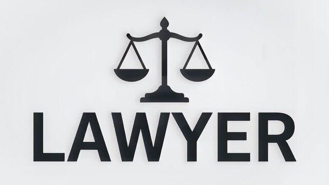 Minimalist lawyer office signage featuring black scales of justice icon on white background