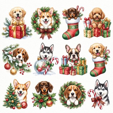 Cute pixel art dogs wearing christmas sweaters and hats with holiday gifts and decorations