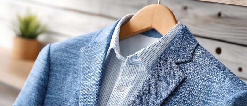 Close up of a blue blazer and light blue striped shirt on a wooden hanger in a white closet with bright lighting and a clean setting