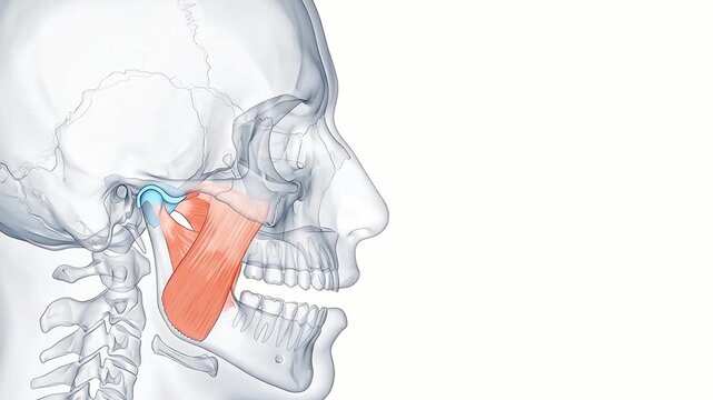 3D Medical Illustration of Human Jaw Muscle and TMJ Movement During Chewing on White Background