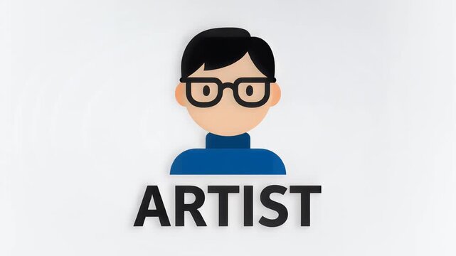 Minimalist male artist avatar icon with glasses and blue turtleneck on white background
