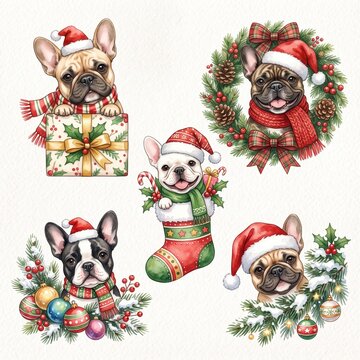 Cute pixel art dogs and cat wearing santa hats with christmas gifts and decorations
