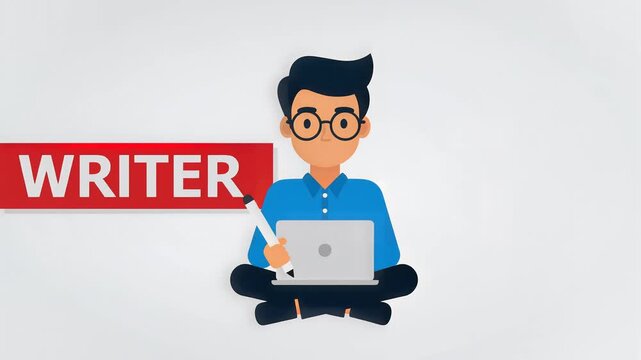 Animated Male Writer Character Sitting with Laptop and Pen Iconography