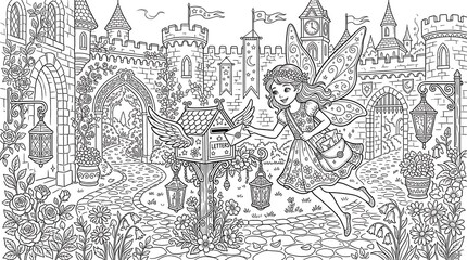 Obraz premium Enchanted fairy delivering letters to a winged mailbox in a castle courtyard with stone paths, blooming roses, and hanging lanterns