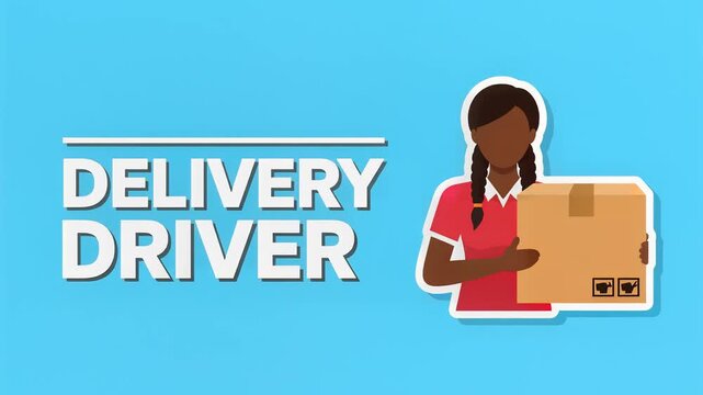 Flat Illustration of a Female Delivery Driver Holding a Cardboard Parcel on a Blue Background