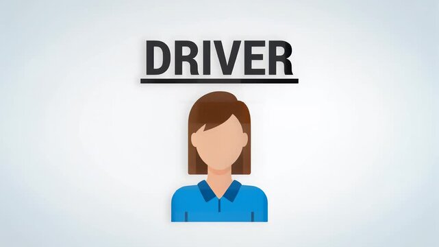 Minimalist flat illustration of a female driver avatar icon with bold text on clean background