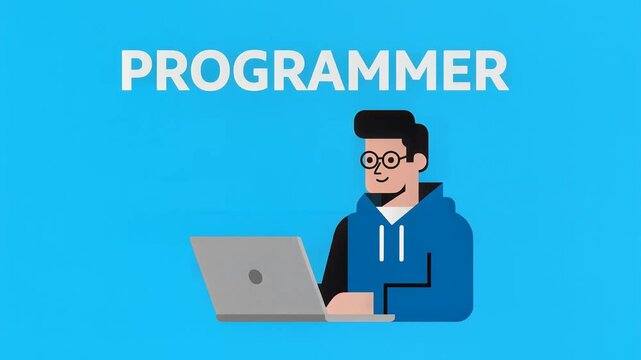 Flat 2D animation of a male programmer developer working on a laptop with a blue background