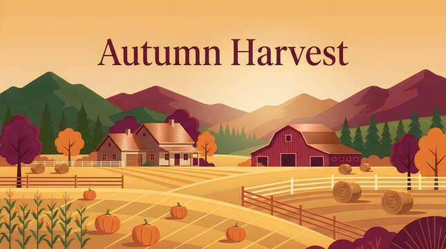 Autumn Harvest vector illustration, farm landscape with red barn, wooden fence, orange pumpkins and hay bales, pumpkin patch fields, mountains and trees, seasonal background thanksgiving