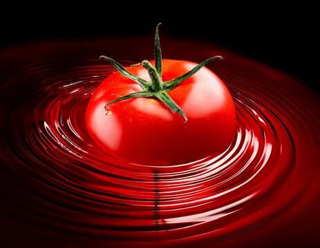 tomato with concentric red liquid waves splash