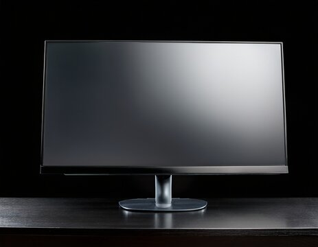 sleek modern ultra wide computer monitor on a minimalist dark stand against a black background