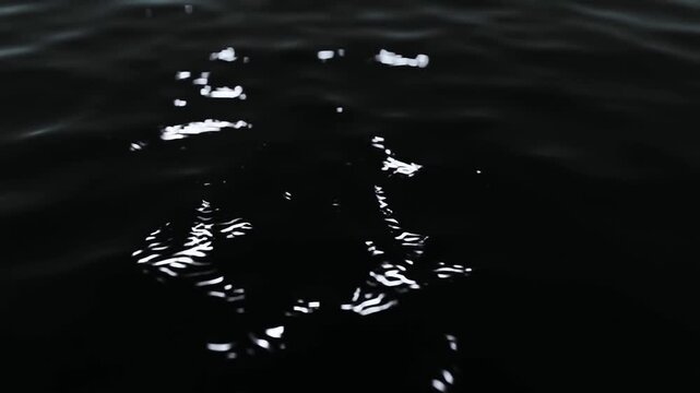 Dark water surface reflecting light as ripples spread across a nighttime outdoor setting
