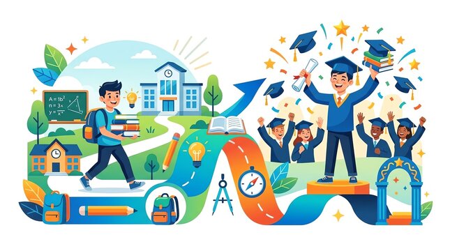 Illustration showing the educational journey from student life to graduation day with happy students and school buildings