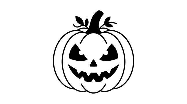 A simple black and white line art illustration of a spooky jack o lantern pumpkin for halloween