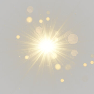 Golden sunburst light rays with glowing bokeh particles isolated on transparent background