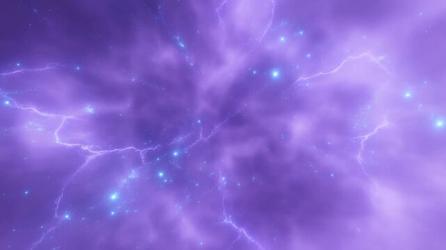 Purple energy lightning bolts crackling across cosmic nebula with scattered blue particles