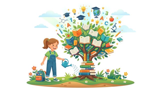 A young girl watering a magical tree of knowledge with books and school supplies growing on branches