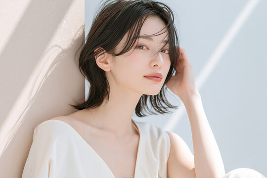 透明感のある白い肌の女性。ニュートラルトーンの背景。