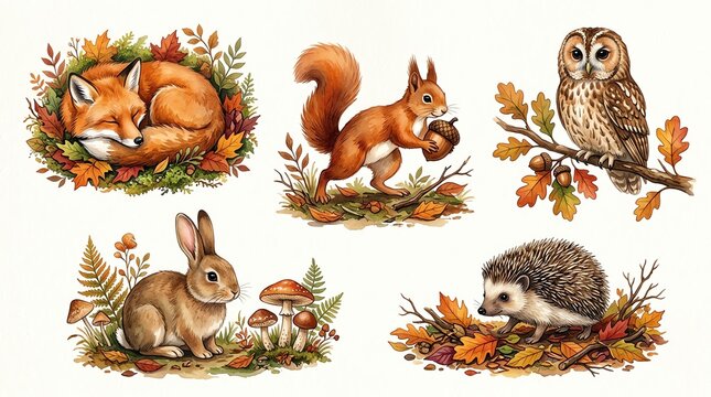 Set of cute watercolor forest animals including a fox squirrel owl rabbit and hedgehog in autumn foliage