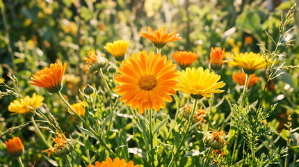 Fototapeta premium Bright orange and yellow calendula flowers blooming in a sunny garden during a warm summer afternoon with natural sunlight shining on the petals of the vibrant medicinal marigold plants