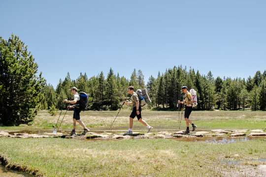 UGC Three men crossing wetland trail in the French Pyrenees