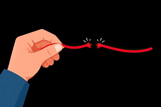 A person's hand holds a red string with a small insect attached, simple yet curious scene
