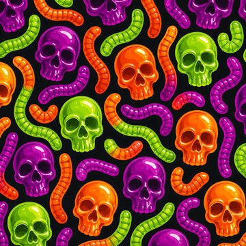 Spooky HalloweenSeamless Pattern with Colorful Gummy Candy Skulls and Worms
