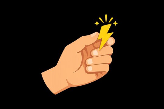 A person's hand grasping a bright yellow lightning bolt