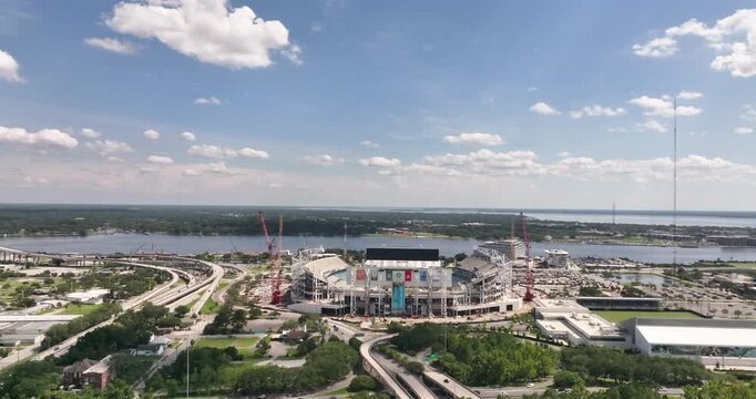  Aerial View of Football Stadium Construction Near Highway Interchange in Jacksonville, Florida&rdquo;