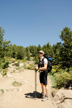 UGC Hiker standing with trekking poles on sunny mountain trail