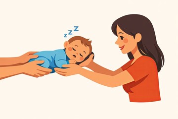 Fototapeta premium A mother gently holds a sleeping baby in her arms