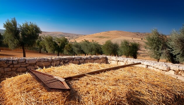 wooden winnowing fork resting on straw next to a mound of harvested wheat on an outdoor stone threshing floor ancient biblical farming landscape with terraced hills and olive trees