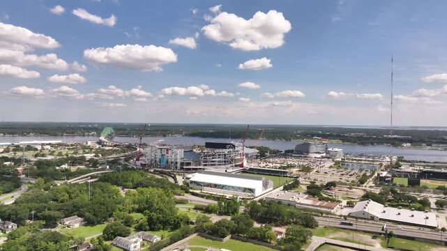 Aerial Drone View of EverBank Stadium and Downtown Jacksonville, Florida Skyline Along the St. Johns River
