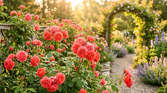 Beautiful red roses blooming in a sunny summer garden with a flower archway and a small stone path during golden hour light