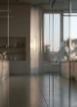 Long, empty room with a large window on the right side. the window is made of glass and is reflecting the light from the room.