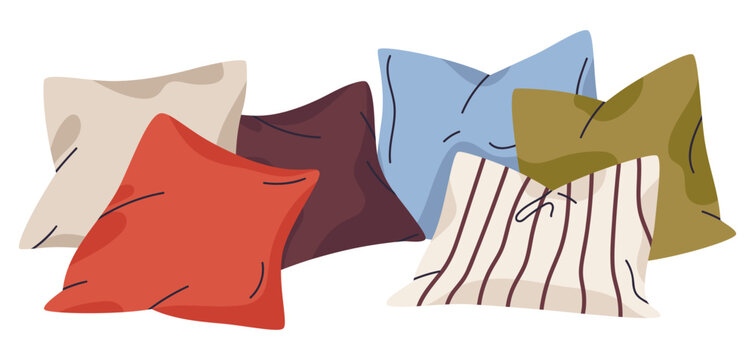 Decorative throw pillows. Colorful square cushions with tassels in different fabrics flat vector illustration set. Home interior textile isolated on white background